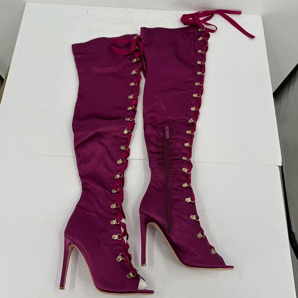 Womens‎ Hot Pink Satin Lace Up Thigh High Stiletto Heel Peep Toe Boots Size 6.5